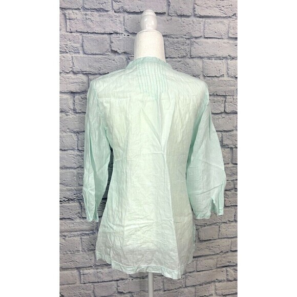 Eileen Fisher Petite Turquoise PM Linen Gauze Pintuck Button Front Long Sleeve - Picture 4 of 12